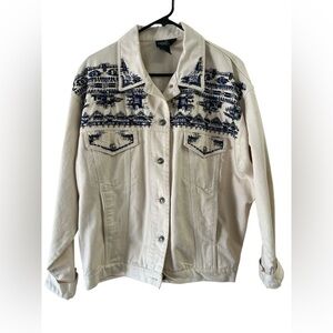 Vintage cotton ivory denim jean jacket embroidered and beaded